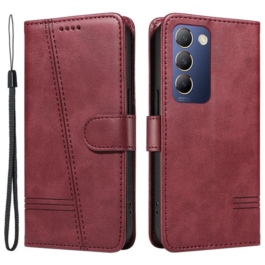 For vivo V40 SE 5G / Y100 5G (Indonesia) / Y200e 5G / V30 Lite 5G (India) Case T-Shaped Lines PU Leather Wallet Phone Cover - Wine Red