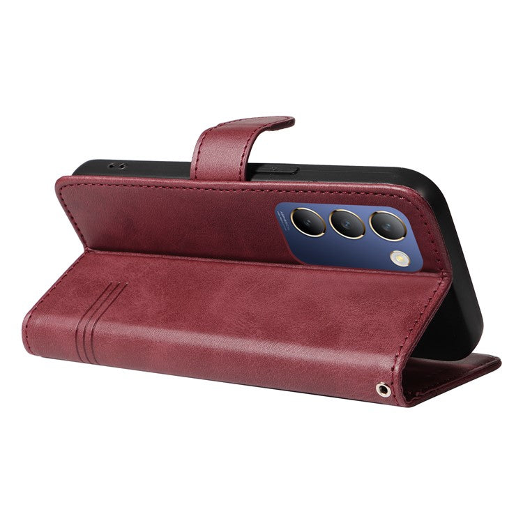 For vivo V40 SE 5G / Y100 5G (Indonesia) / Y200e 5G / V30 Lite 5G (India) Case T-Shaped Lines PU Leather Wallet Phone Cover - Wine Red