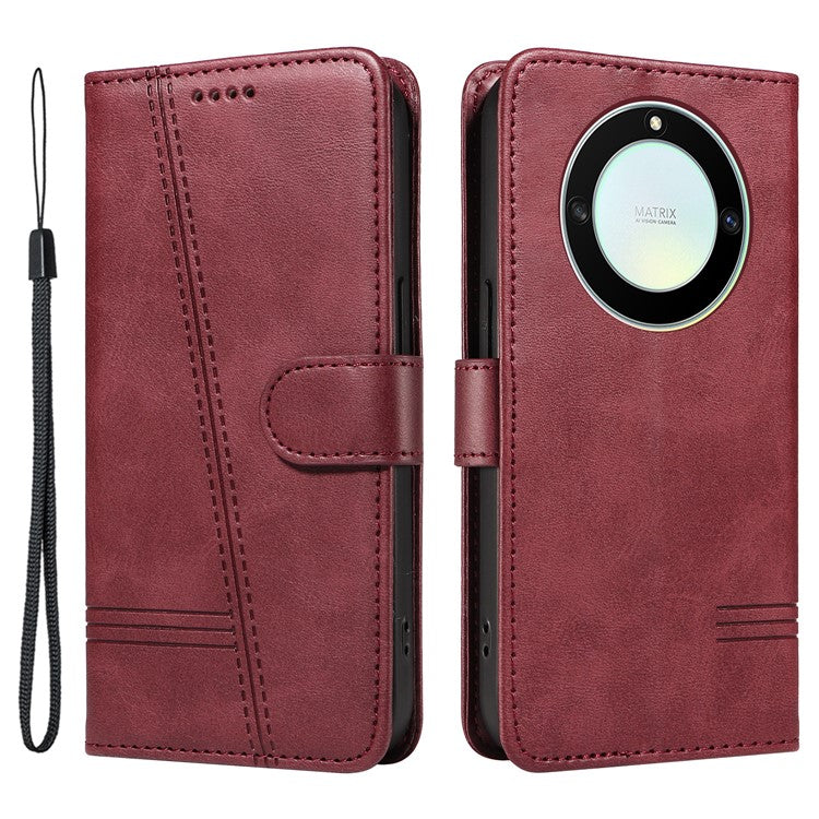 For Honor X40 5G / X9a 5G / Magic5 Lite 5G Case T-Shaped Lines PU Leather Wallet Stand Phone Cover - Wine Red