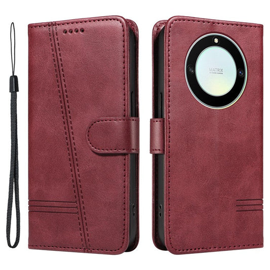 For Honor X40 5G / X9a 5G / Magic5 Lite 5G Case T-Shaped Lines PU Leather Wallet Stand Phone Cover - Wine Red