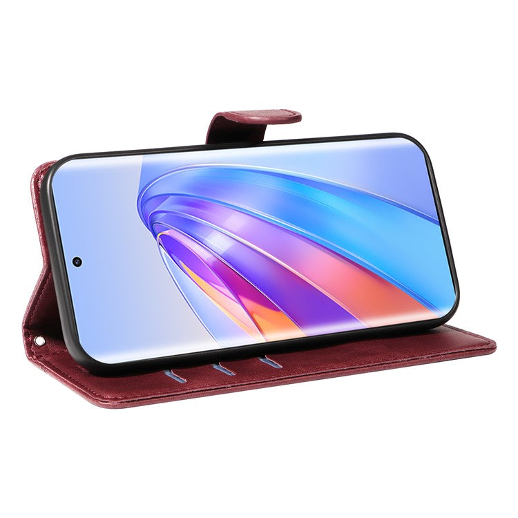 For Honor X40 5G / X9a 5G / Magic5 Lite 5G Case T-Shaped Lines PU Leather Wallet Stand Phone Cover - Wine Red