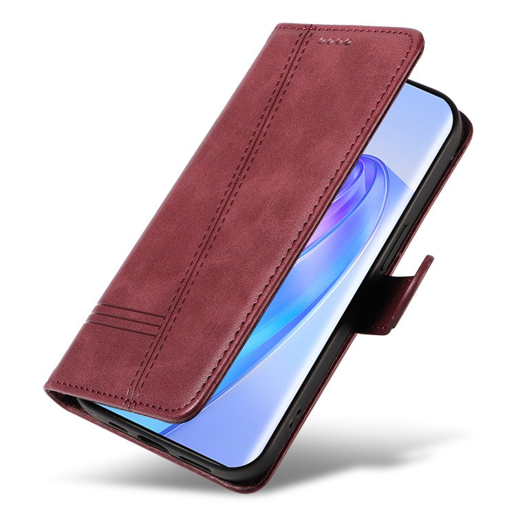 For Honor X40 5G / X9a 5G / Magic5 Lite 5G Case T-Shaped Lines PU Leather Wallet Stand Phone Cover - Wine Red