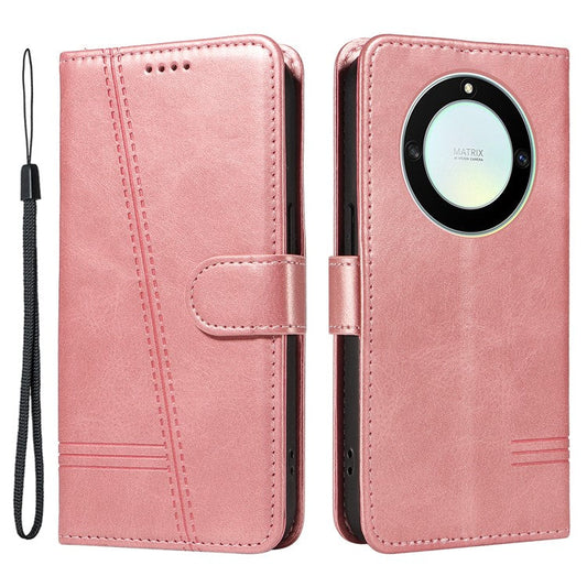 For Honor X40 5G / X9a 5G / Magic5 Lite 5G Case T-Shaped Lines PU Leather Wallet Stand Phone Cover - Rose Gold