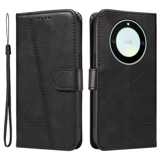 For Honor X40 5G / X9a 5G / Magic5 Lite 5G Case T-Shaped Lines PU Leather Wallet Stand Phone Cover - Black