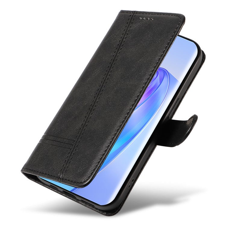For Honor X40 5G / X9a 5G / Magic5 Lite 5G Case T-Shaped Lines PU Leather Wallet Stand Phone Cover - Black