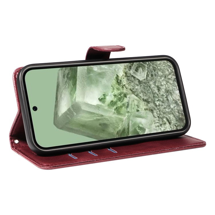 For Google Pixel 8a Wallet Case Flip Folio Leather Cell Phone Cover - Wine Red