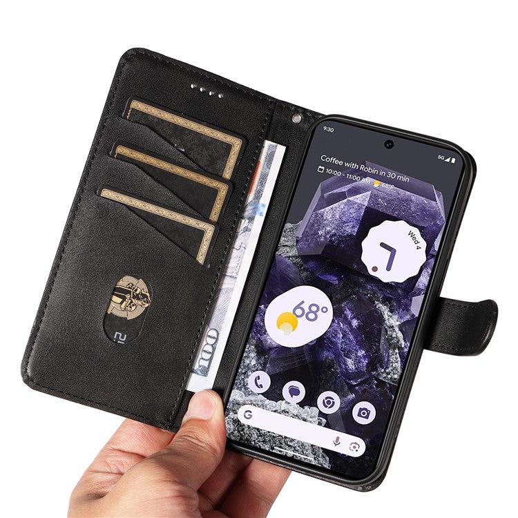 For Google Pixel 8 Case Leather Phone Cover with Wallet and Horizontal Viewing Stand - Black