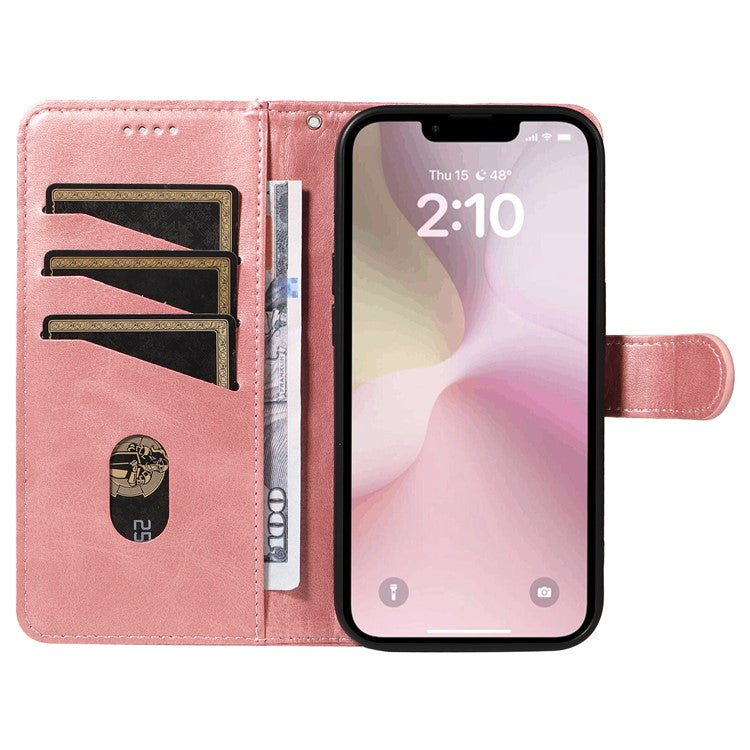 For iPhone 16e Case Wallet Leather Flip Phone Cover with Hand Strap - Rose Gold