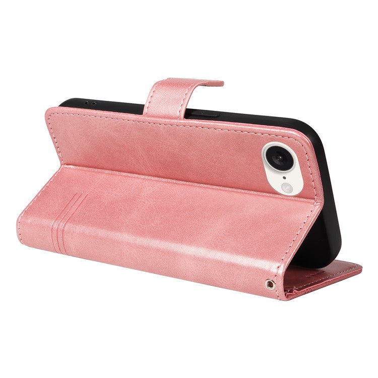 For iPhone 16e Case Wallet Leather Flip Phone Cover with Hand Strap - Rose Gold