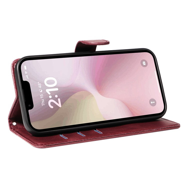For iPhone 16e Case Wallet Leather Flip Phone Cover with Hand Strap - Wine Red