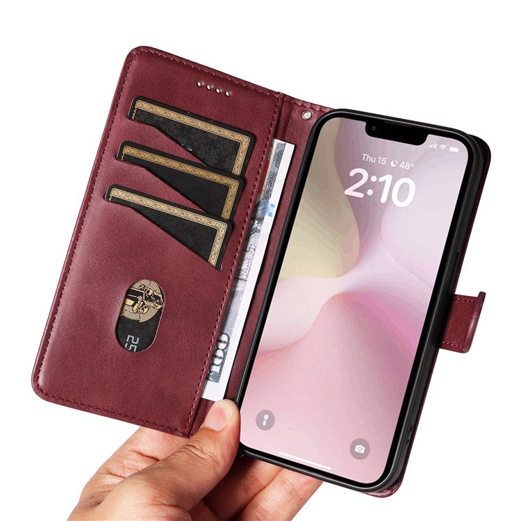 For iPhone 16e Case Wallet Leather Flip Phone Cover with Hand Strap - Wine Red