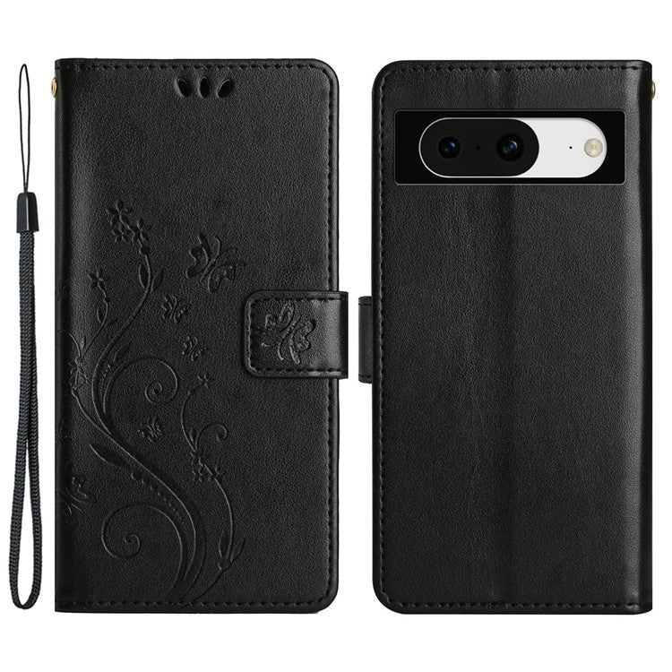For Google Pixel 8 Phone Case Leather Flip Cover Butterfly Flower Pattern Imprinted - Black