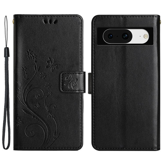 For Google Pixel 8 Phone Case Leather Flip Cover Butterfly Flower Pattern Imprinted - Black