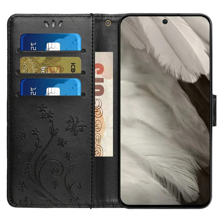For Google Pixel 8 Phone Case Leather Flip Cover Butterfly Flower Pattern Imprinted - Black