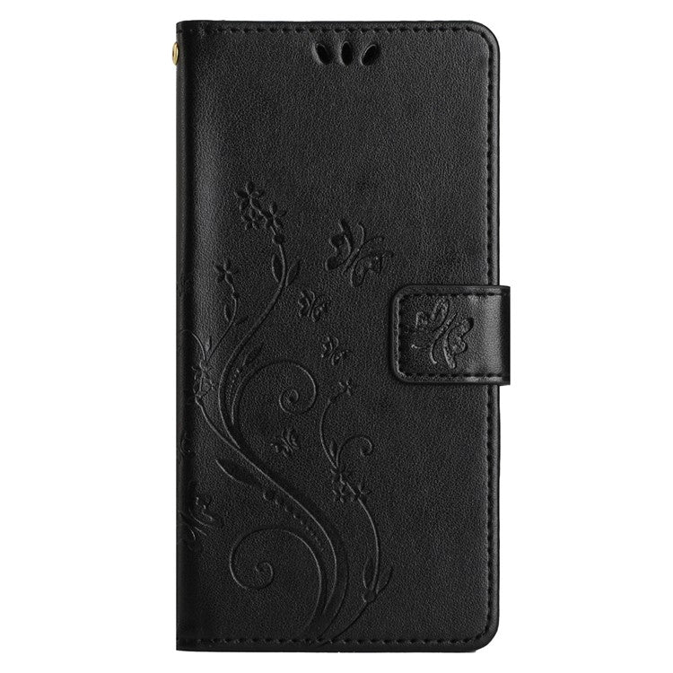 For Google Pixel 8 Phone Case Leather Flip Cover Butterfly Flower Pattern Imprinted - Black