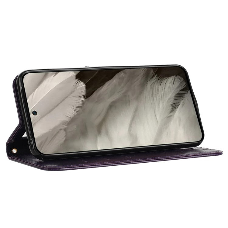 For Google Pixel 8 Phone Case Leather Flip Cover Butterfly Flower Pattern Imprinted - Dark Purple