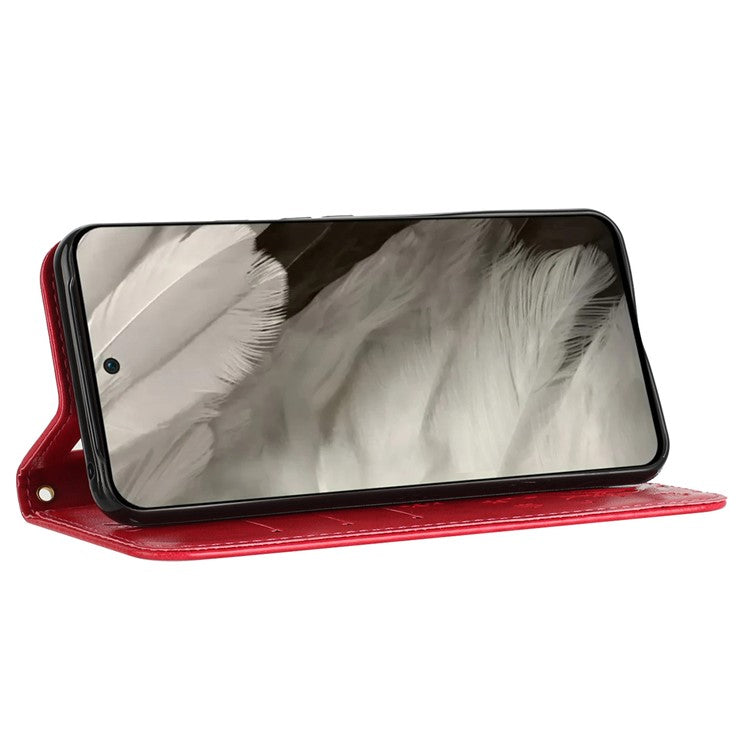 For Google Pixel 8 Phone Case Leather Flip Cover Butterfly Flower Pattern Imprinted - Red