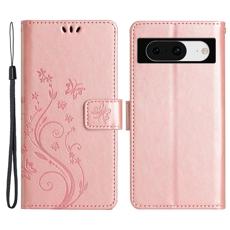 For Google Pixel 8 Phone Case Leather Flip Cover Butterfly Flower Pattern Imprinted - Rose Gold