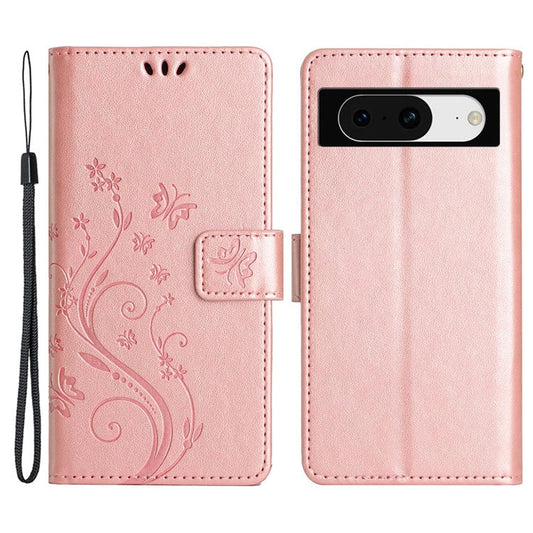 For Google Pixel 8 Phone Case Leather Flip Cover Butterfly Flower Pattern Imprinted - Rose Gold