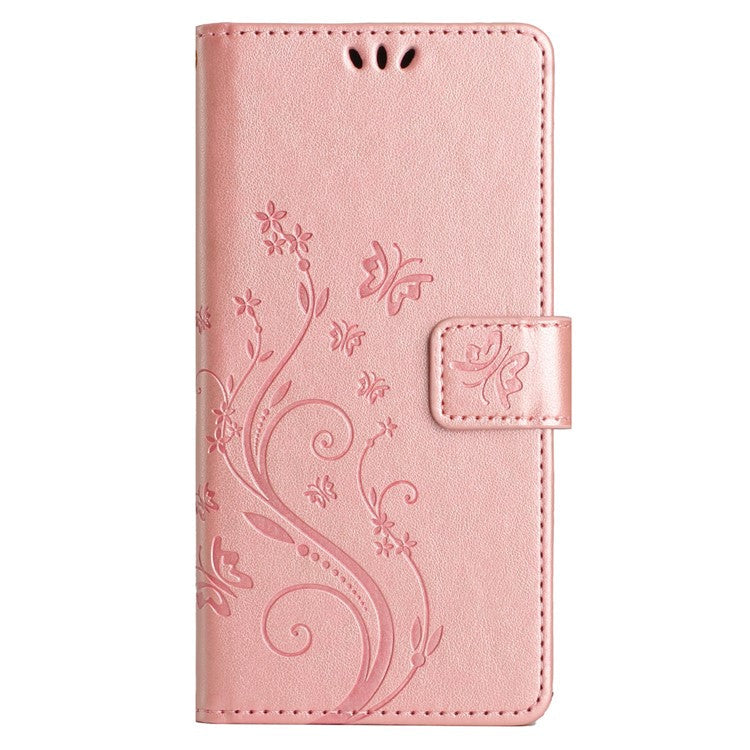 For Google Pixel 8 Phone Case Leather Flip Cover Butterfly Flower Pattern Imprinted - Rose Gold