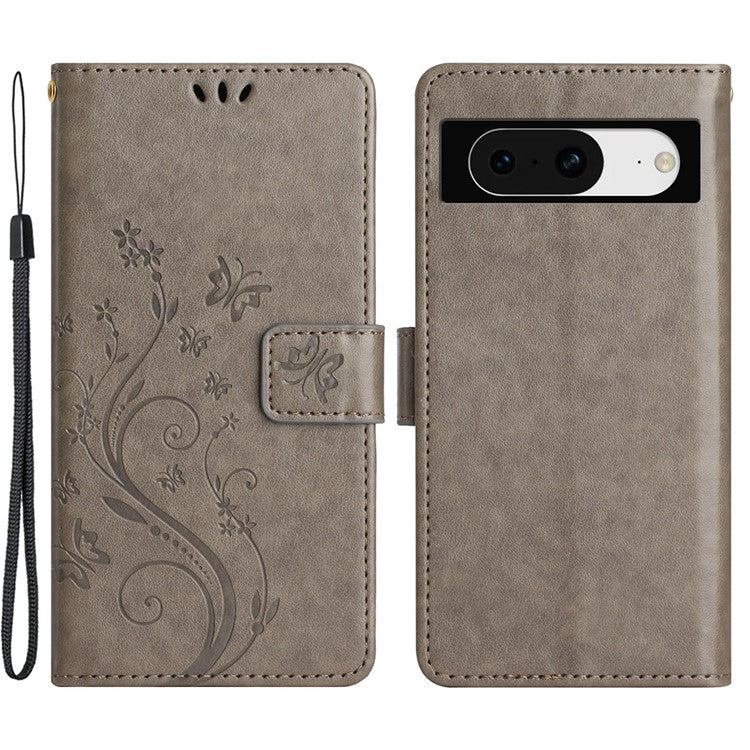 For Google Pixel 8 Phone Case Leather Flip Cover Butterfly Flower Pattern Imprinted - Grey