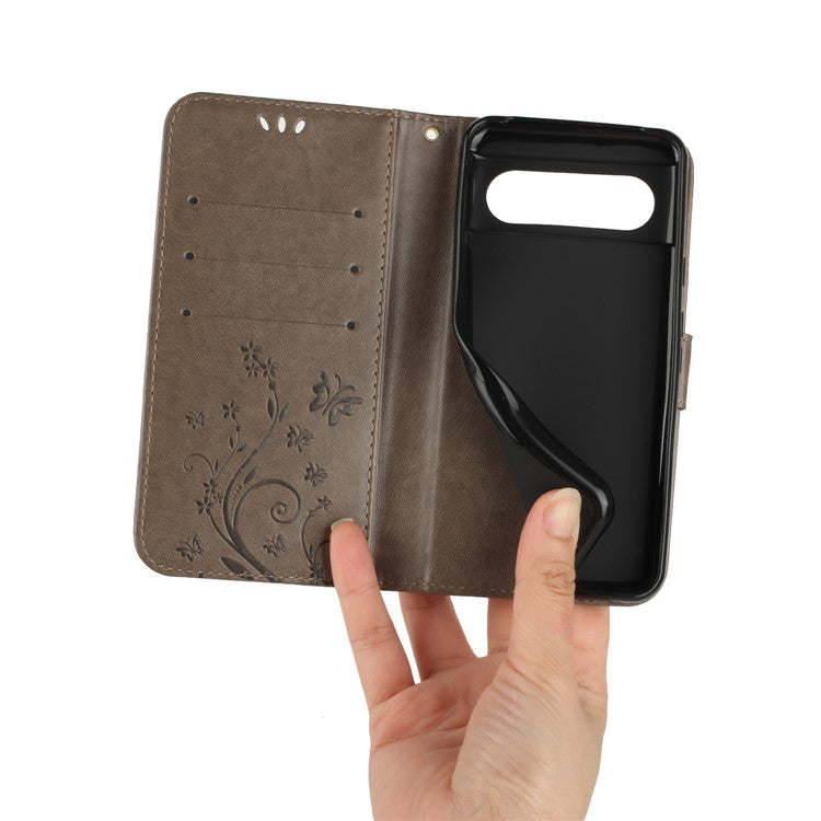 For Google Pixel 8 Phone Case Leather Flip Cover Butterfly Flower Pattern Imprinted - Grey