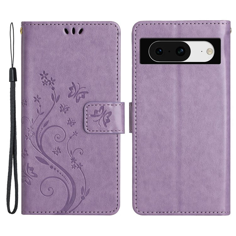 For Google Pixel 8 Phone Case Leather Flip Cover Butterfly Flower Pattern Imprinted - Light Purple