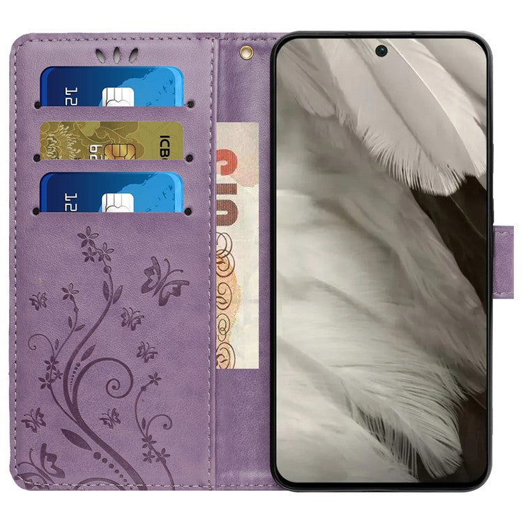 For Google Pixel 8 Phone Case Leather Flip Cover Butterfly Flower Pattern Imprinted - Light Purple