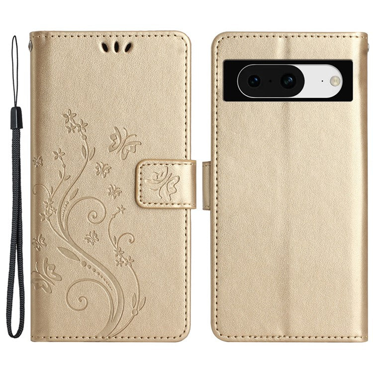 For Google Pixel 8 Phone Case Leather Flip Cover Butterfly Flower Pattern Imprinted - Gold