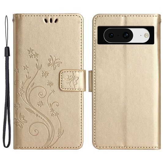 For Google Pixel 8 Phone Case Leather Flip Cover Butterfly Flower Pattern Imprinted - Gold