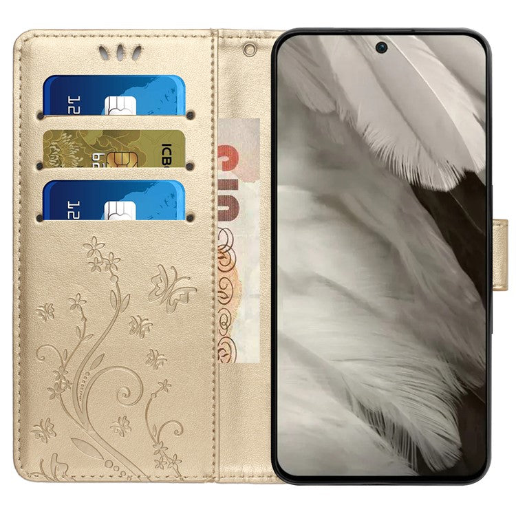 For Google Pixel 8 Phone Case Leather Flip Cover Butterfly Flower Pattern Imprinted - Gold