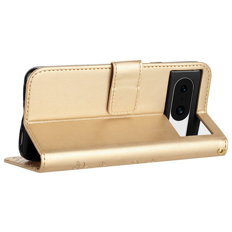 For Google Pixel 8 Phone Case Leather Flip Cover Butterfly Flower Pattern Imprinted - Gold