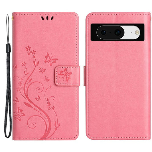 For Google Pixel 8 Phone Case Leather Flip Cover Butterfly Flower Pattern Imprinted - Pink