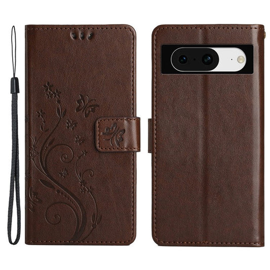 For Google Pixel 8 Phone Case Leather Flip Cover Butterfly Flower Pattern Imprinted - Brown