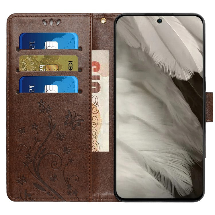 For Google Pixel 8 Phone Case Leather Flip Cover Butterfly Flower Pattern Imprinted - Brown