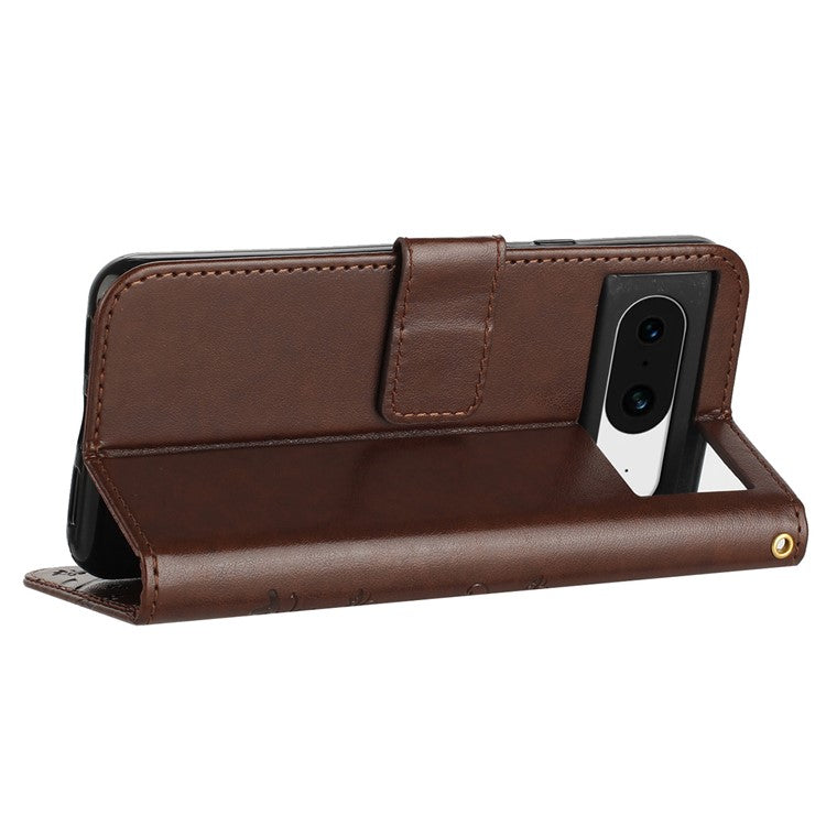 For Google Pixel 8 Phone Case Leather Flip Cover Butterfly Flower Pattern Imprinted - Brown