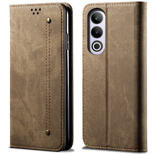 For OnePlus Ace 3V 5G Case Jeans Cloth Texture Leather Phone Cover Stand Function, TPU Inner Shell - Khaki