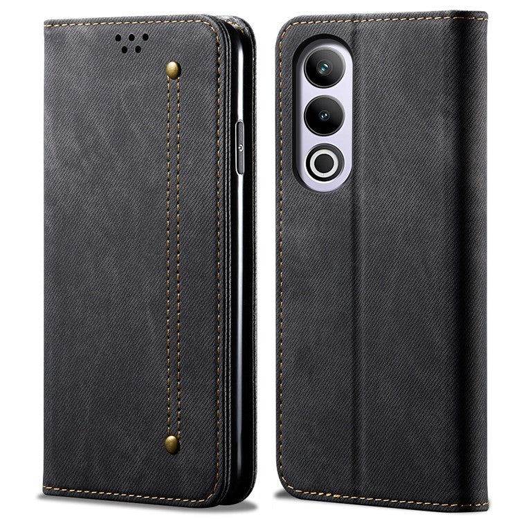 For OnePlus Ace 3V 5G Case Jeans Cloth Texture Leather Phone Cover Stand Function, TPU Inner Shell - Black