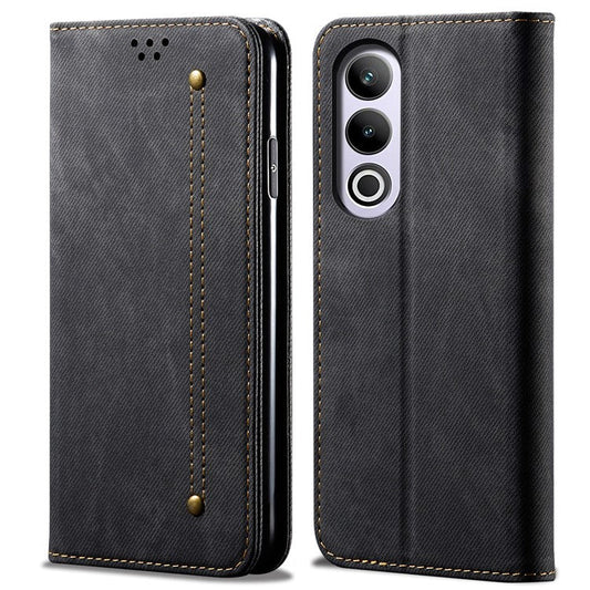 For OnePlus Ace 3V 5G Case Jeans Cloth Texture Leather Phone Cover Stand Function, TPU Inner Shell - Black