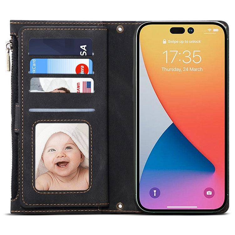 ESEBLE Star Series For iPhone 16 Pro Case Zipper Wallet Leather Stand Phone Cover - Black