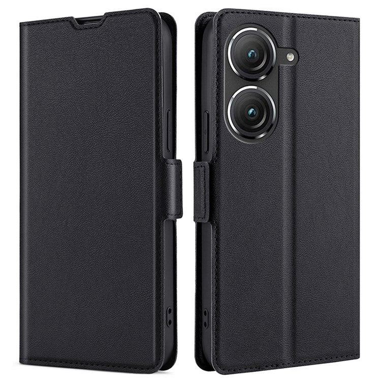 For Asus Zenfone 9 5G PU Leather Stand Case Dual Magnetic Clasp Shockproof Inner TPU Phone Cover with Card Slot - Black
