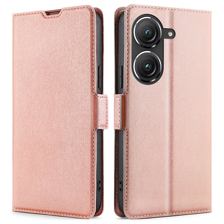 For Asus Zenfone 9 5G PU Leather Stand Case Dual Magnetic Clasp Shockproof Inner TPU Phone Cover with Card Slot - Rose Gold