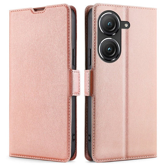 For Asus Zenfone 9 5G PU Leather Stand Case Dual Magnetic Clasp Shockproof Inner TPU Phone Cover with Card Slot - Rose Gold