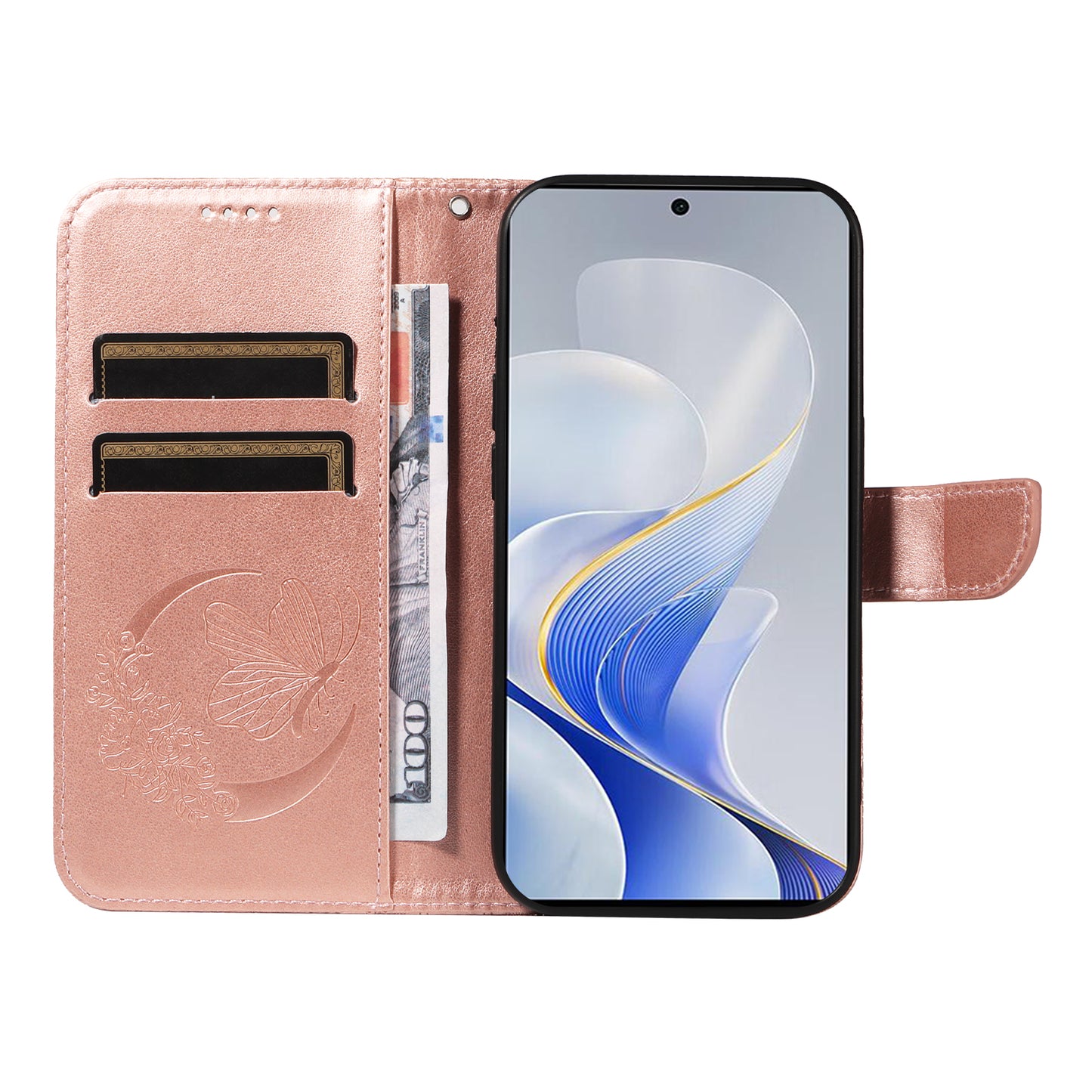 For vivo S19 5G  /  V40 5G Case Wallet Flip Shockproof Floral Butterfly Leather Phone Cover - Rose Gold