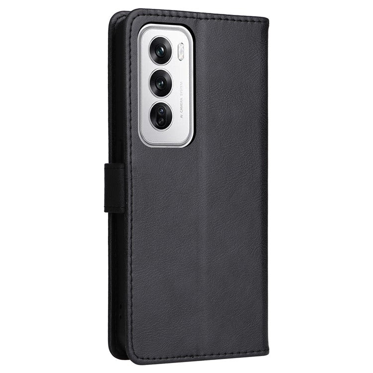 KT Leather Series-2 for Oppo Reno12 5G (Global) Case Folio Stand Solid Color Leather Phone Cover - Black