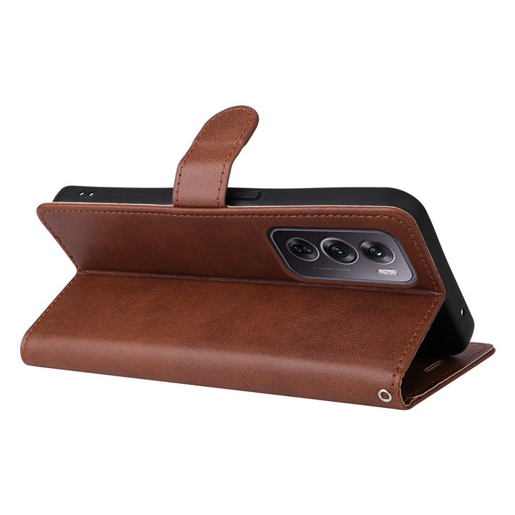 KT Leather Series-2 for Oppo Reno12 Pro 5G (China) / (Global) Case Folio Leather Cell Phone Cover with Strap - Brown