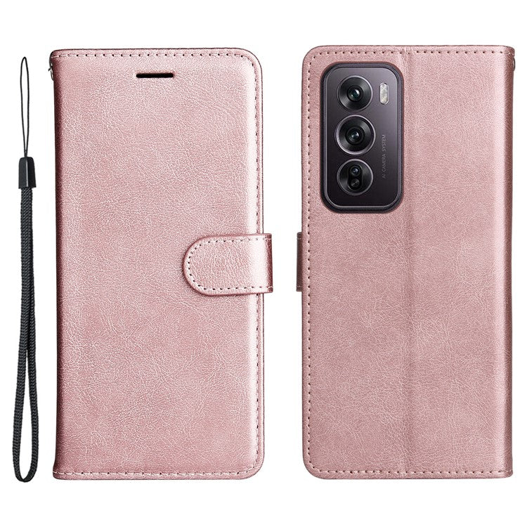 KT Leather Series-2 for Oppo Reno12 Pro 5G (China) / (Global) Case Folio Leather Cell Phone Cover with Strap - Rose Gold
