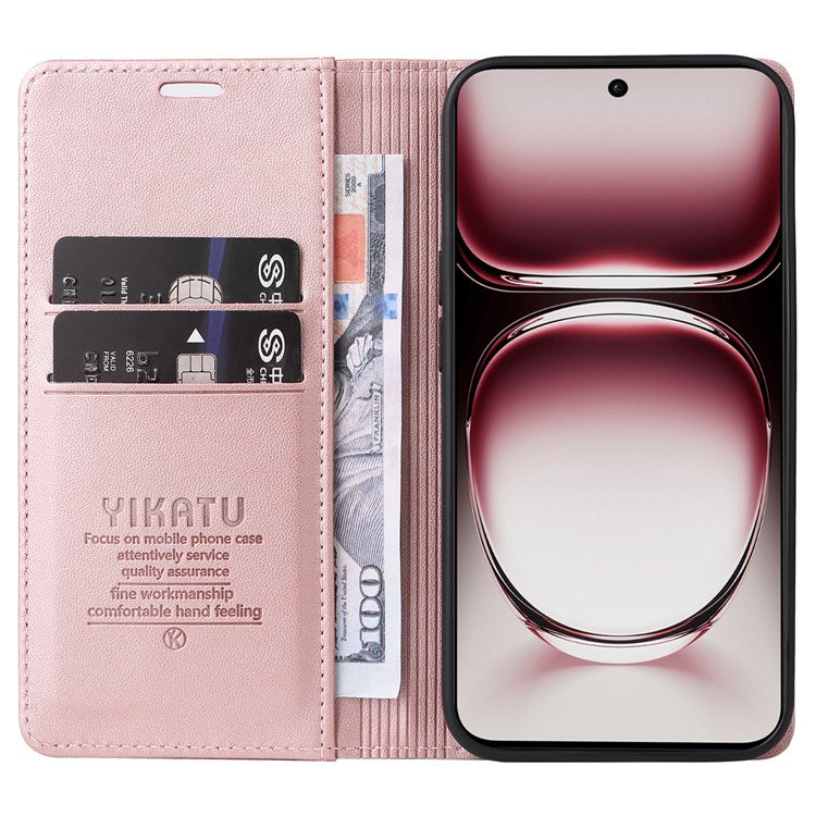 YIKATU YK-001 For Oppo Reno12 5G (Global) Case Wallet Leather Phone Cover Folio Strong Magnetic Closure - Rose Gold