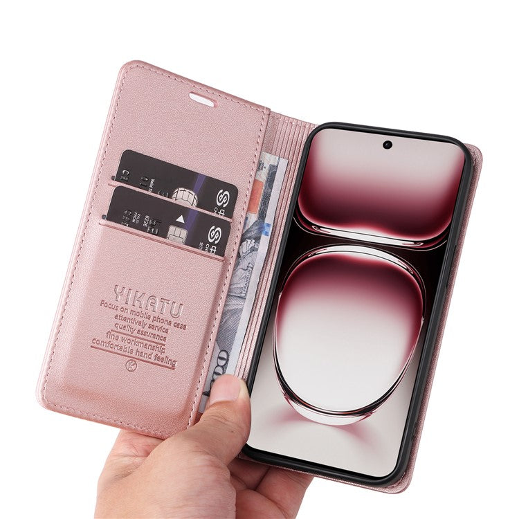 YIKATU YK-001 For Oppo Reno12 5G (Global) Case Wallet Leather Phone Cover Folio Strong Magnetic Closure - Rose Gold