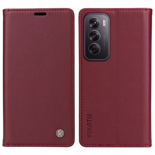 YIKATU YK-001 For Oppo Reno12 5G (Global) Case Wallet Leather Phone Cover Folio Strong Magnetic Closure - Wine Red
